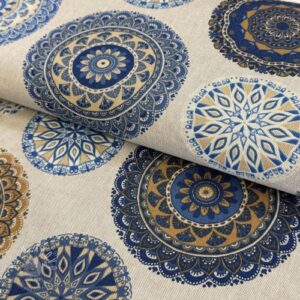 Dekoračná látka Linenlook Mandala Circle blue - ľan metráž, lan metraz, jutovina metráž, látka na vankúše, latka na vankuse, latka na vankus, látky metráž eshop, viskóza metráž, latky metraz eshop, dekoračné látky metráž, dekoracna latka metraz, ľanové látky metráž, látky metráž lacné, lanova latka metraz, lanove latky metraz, latka eshop, režné plátno metráž, ľan metráž veľkoobchod, obrusovina metráž, látky metráž, dekoračná látka, metráž látky, metrazove latky
